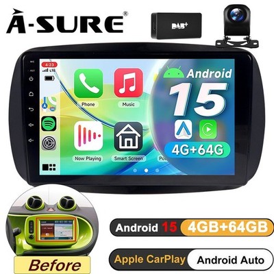 DAB+ 9'' 4+64G Android 15 Autoradio Carplay Kam Navi Für Smart Fortwo 453 HighEnd