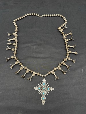 Vintage Native American Sterling Silver Squash Blossom Necklace w/ Cross Pendant