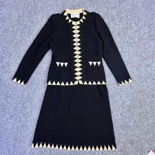 VTG 60s Adolfo Saks Fifth Ave Jacket  Skirt Boucle Suit Small Black Tan Accents