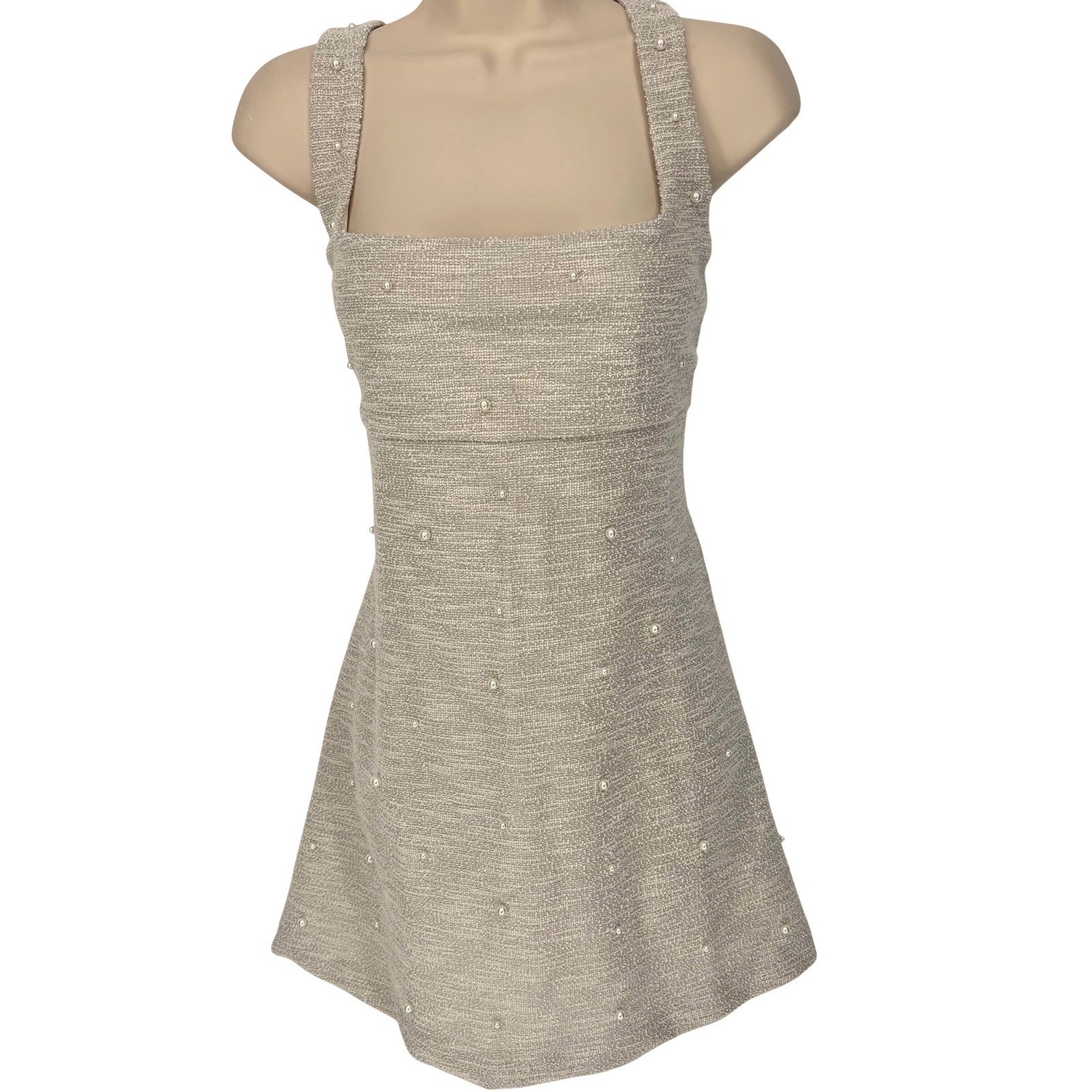 NWT H&M Cream Gold Metallic Mini Dress Square Neck Pearl Accents Pullover Sz M
