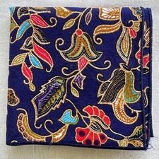 VTG Handkerchief Yellow Red Floral Batik Pattern Pocket Square Navy Cotton 17"