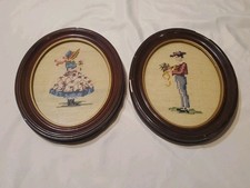 Vintage Framed Needlepoint Boy  Girl Cross Stitch Art Oval Wood Frames Pair