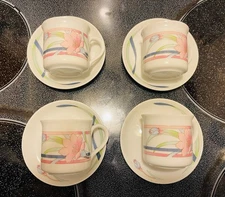Vintage 4 Expresso Fine Porcelain Cups & Saucers 80s Pastel Nostalgia Toscany