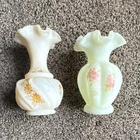 Hand Painted Fenton Glass Floral Vases uranium glass