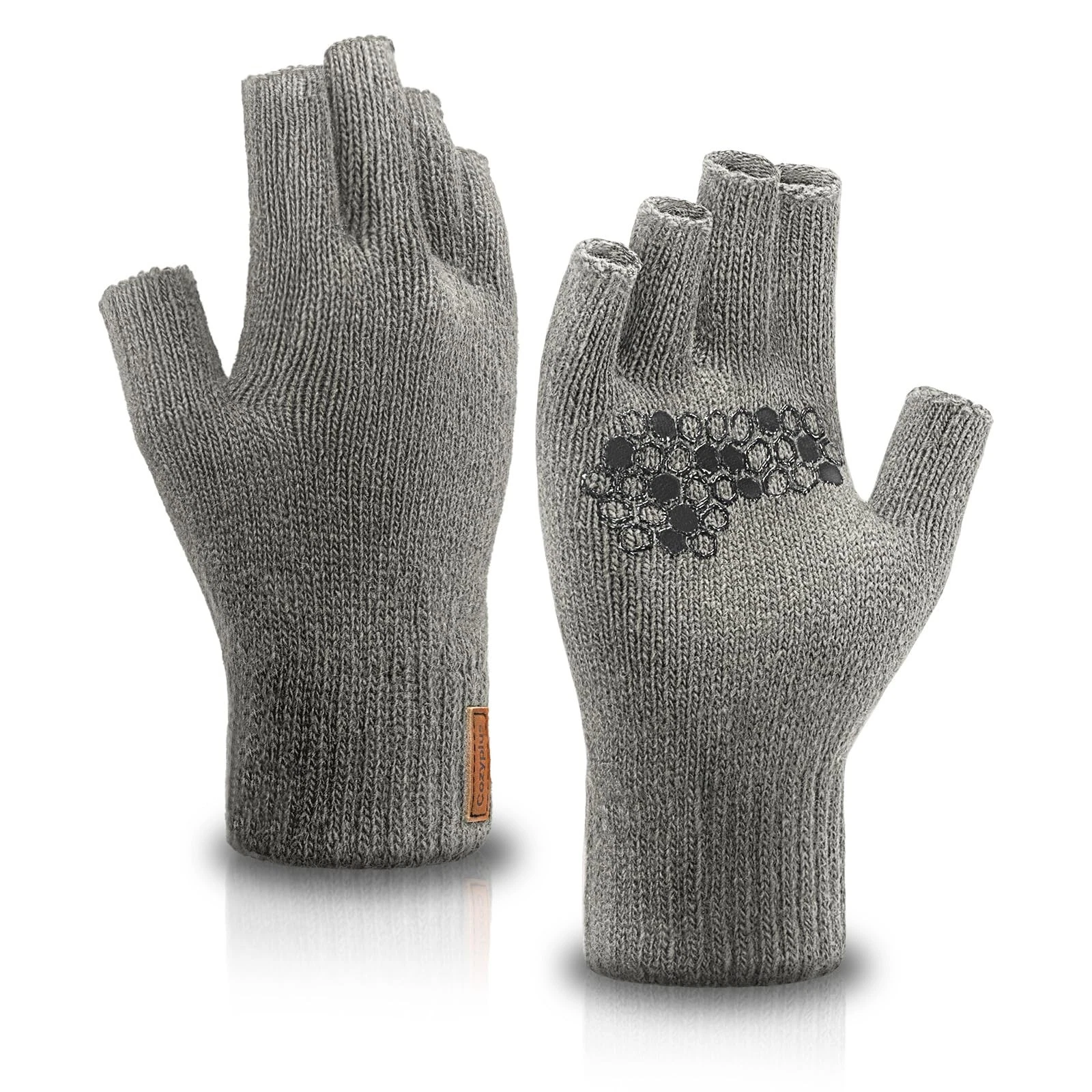 Fullsheild Merino Wool Fingerless Gloves Knit Large-X-Large, Grey