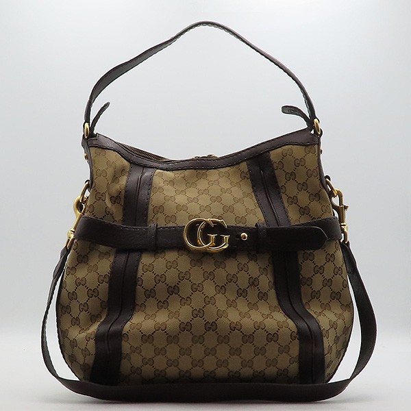 Gucci 247185 dark brown leather gold GG logo jacquard trim tote bag + shoulder s