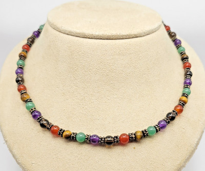 Sterling Silber 6 mm Multi Edelstein Perlen Bali Bahnhof Halskette - 16''-19''