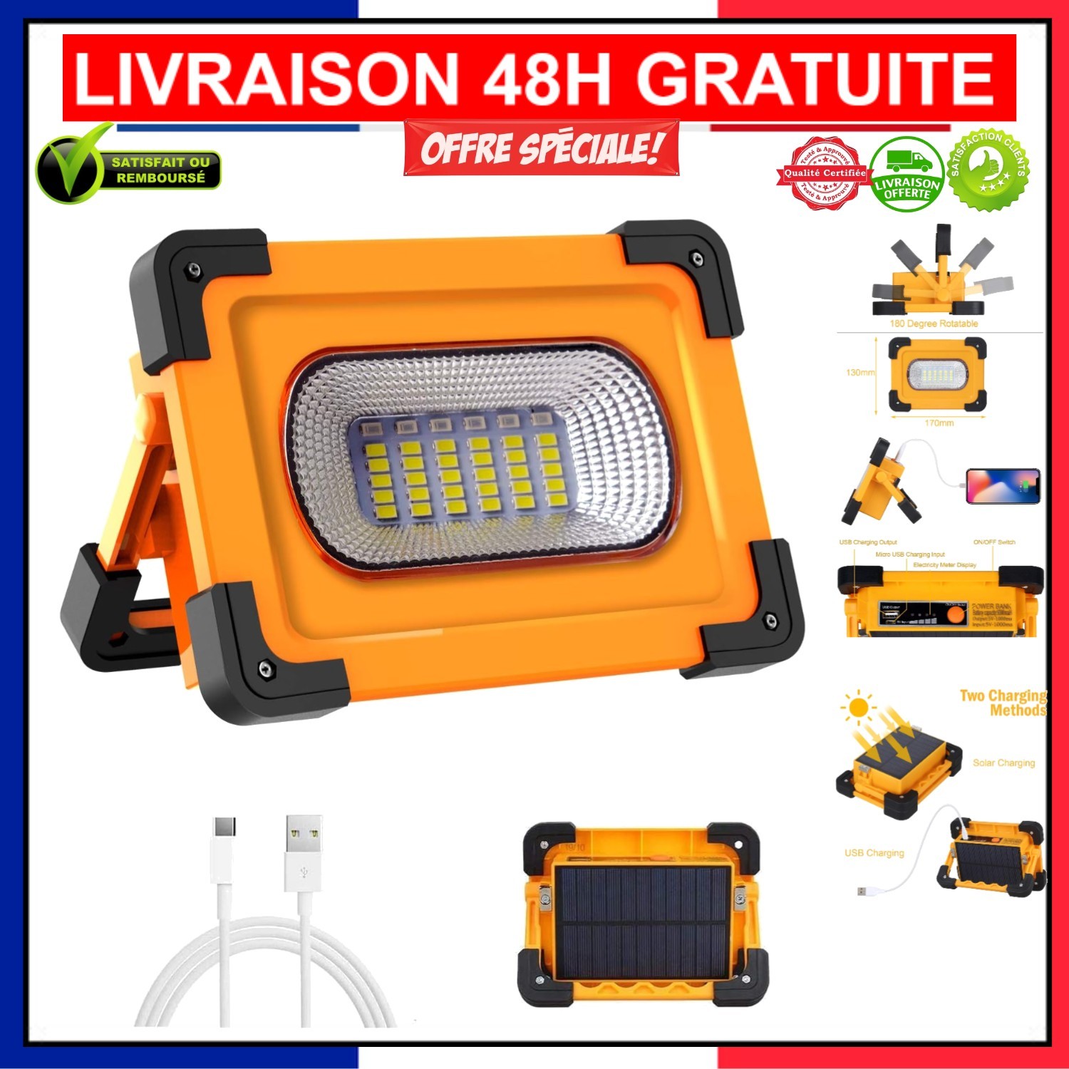 Projecteur LED 60W rechargeable avec 4 modes lumineux et panneau solaire T-SUN