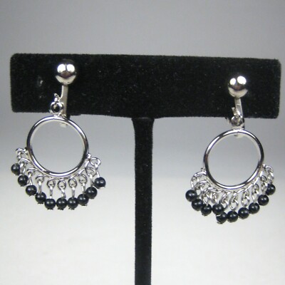 Earrings CLIP ON Silvetone VTG 70s 80s Estate 1.2 in Black Metal Hoop Bohemian