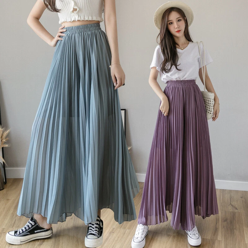 Lady Pleated Chiffon Culottes Wide Leg Trousers OL Skirt Pants