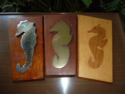 3er Set Vintage Holz Wandbild Teak Seepferd Mid Century Modern