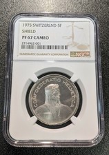 1975 PF67 Cameo Svizzera 5 Franchi KM 40a.1 Helvetica NGC Scudo Proof