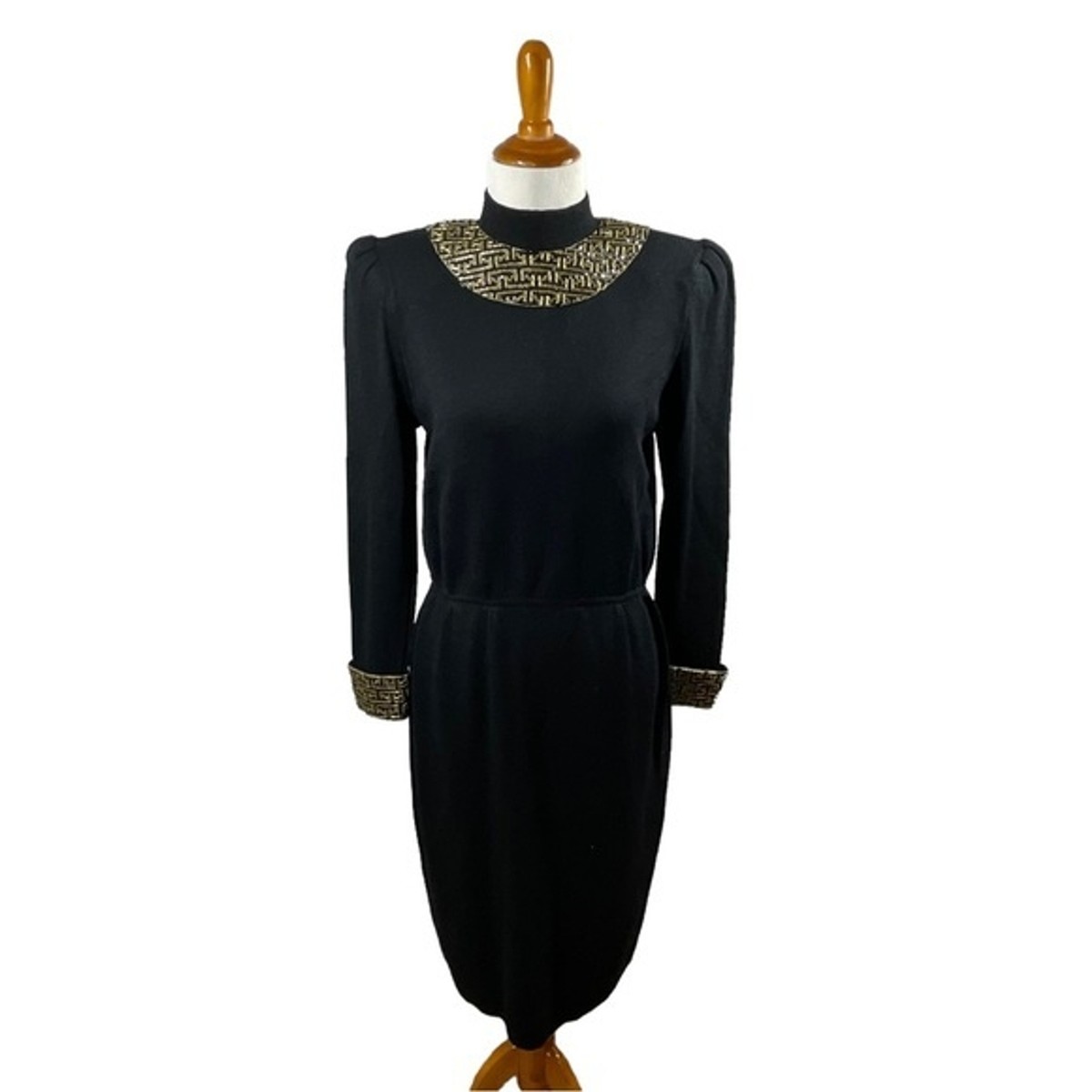 st john beaded dress St John Knit Party Dress With Square Neck / Beaded Large Puff Sleeve/ Mint  Condition and FREE Elbow Length Dress Gloves