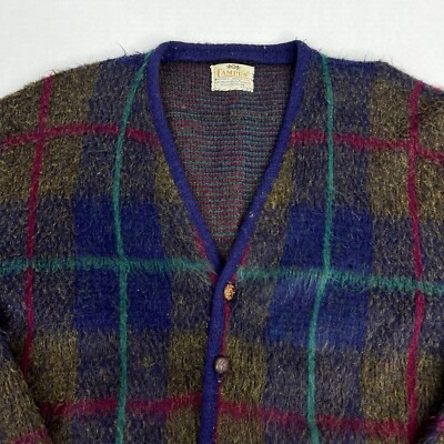 Vintage 50s 60s Campus Mohair Cardigan Sweater Checkered