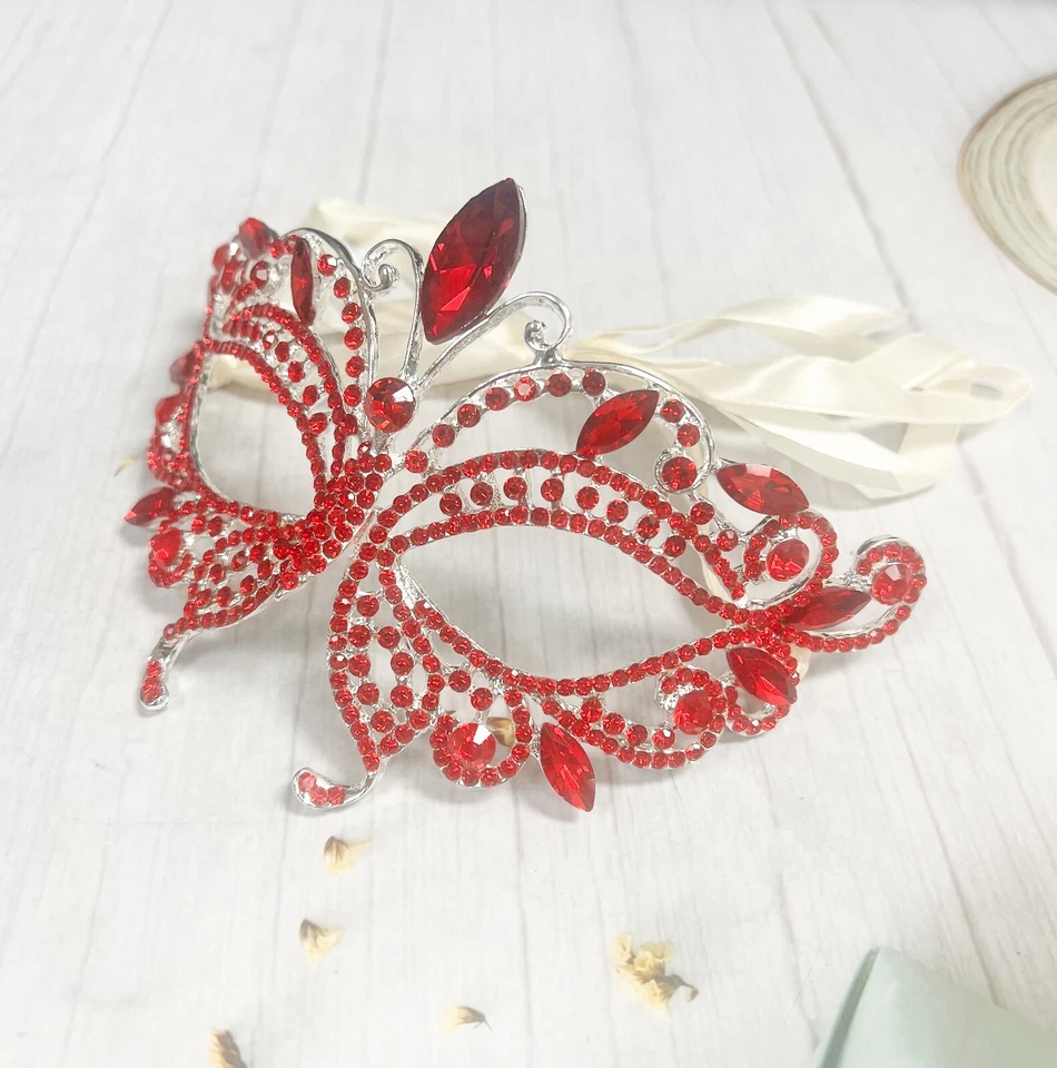 Butterfly Red Masquerade Mask, Wedding Party Silver Eye Mask, Prom Party Mask - Image 3 of 4