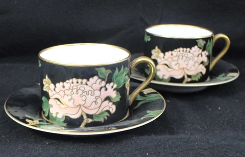 Fitz and Floyd Cloisonne Peony Black Group of 2 Cup and Saucer Sets