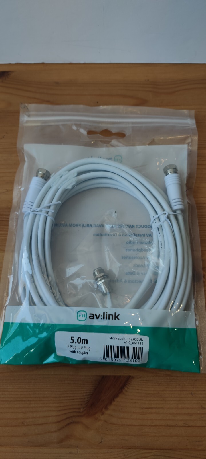AV:Link F-type Plug to F-Plug Coaxial Lead - 5m with Coupler - NOS - Untested