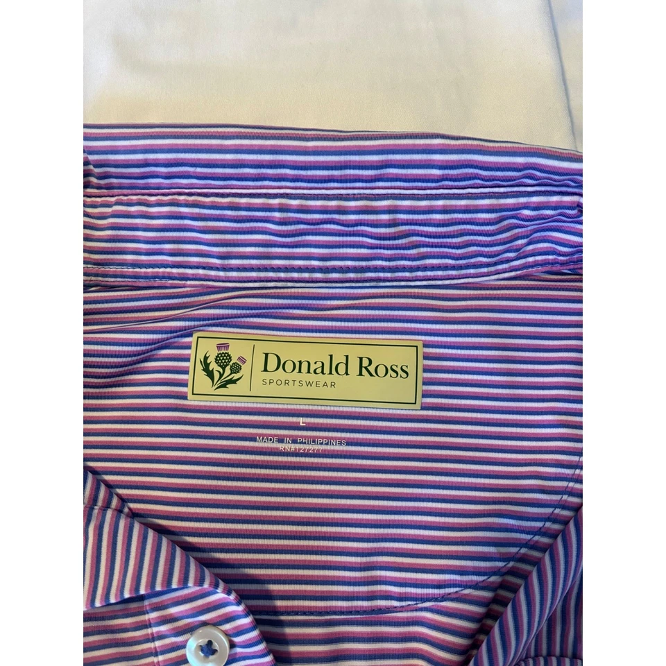 Camisa polo de golf Donald Ross a rayas púrpura atlética elástica para hombre talla L Foto 4 de 4