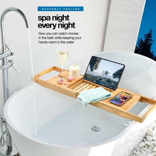 Luxury Foldable Bathtub Tray Caddy Waterproof Wooden Bath Organizer For Wine Boo - Picture 8 of 9