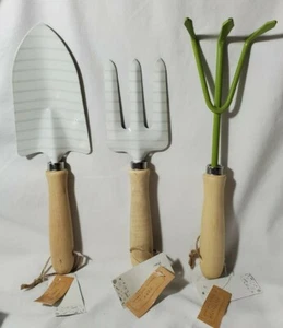 Outils à main de jardinage 3-Piece Ensemble avec poignées en bois ~ Trowel, fourche & Cultivateur