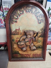 Wooden Handcarved And Painted Toys And Games Sign Teddy Bear