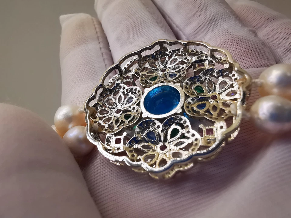 Genuino 7mm Perlas de Mar Collar Cuentas Amarillo Cultivado Diamante Esmeralda 950Platino Foto 4 de 4