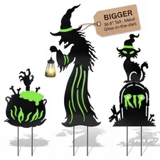 Halloween Decorations Outdoor - 3 Pack Metal Witch Yard Stakes with Solar Lanter