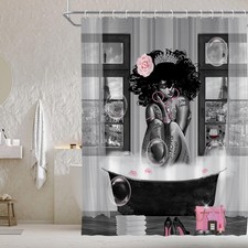 Black Girl Shower Curtains for Bathroom, Grey Eiffel Tower Pattern, African A...