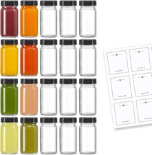 20 PACK 2 oz Glass Shot Bottles w/ Black Lids  20 Labels - Small Clear Jar for