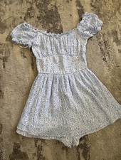 Hollister XS White & Blue Floral Off-Shoulder Puff Short Sleeve Playsuit