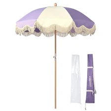 LAGarden Palm Springs 6Ft Fringe Patio Umbrella with Tassels Carry Bag Purple