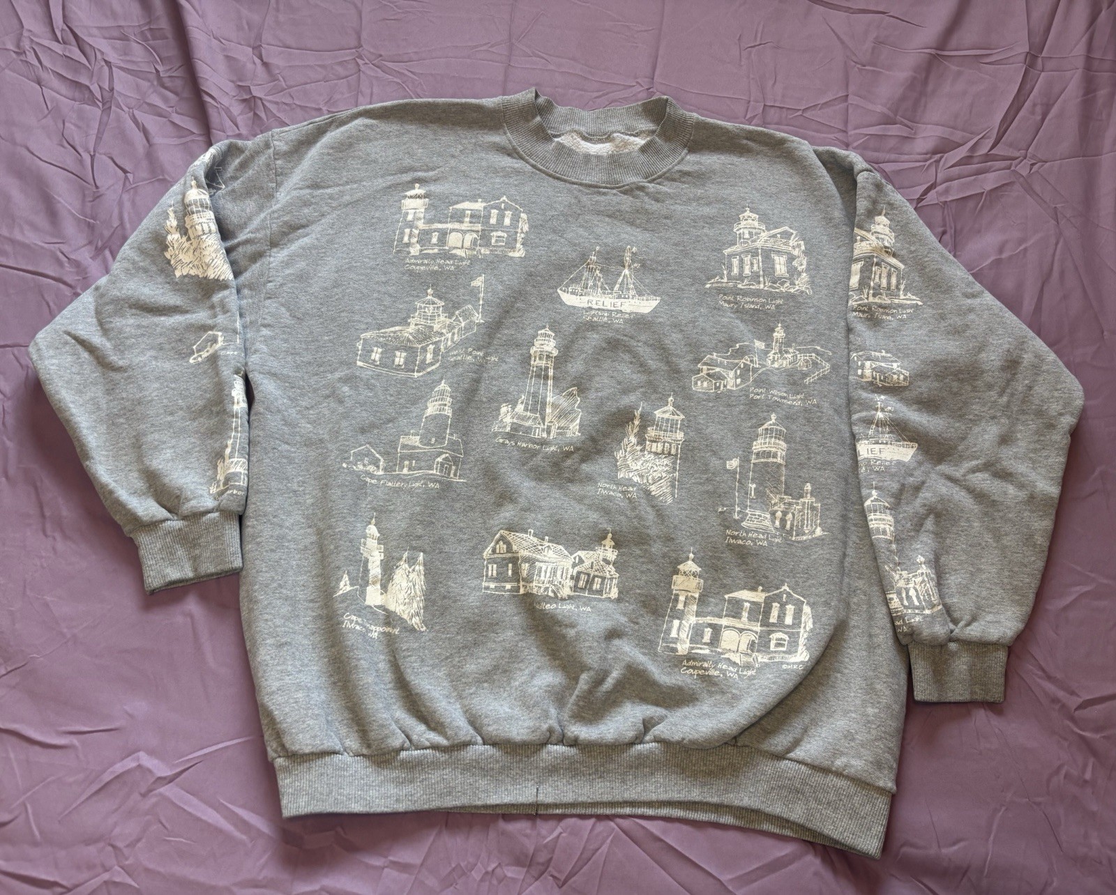 Vintage Lighthouse AOP Sweater Mens XL Gray Crewneck Sweatshirt Washington Beach