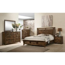 6pc Rustic Style Master Bedroom Set Brown King Panel Bed Solid Wood Furniture