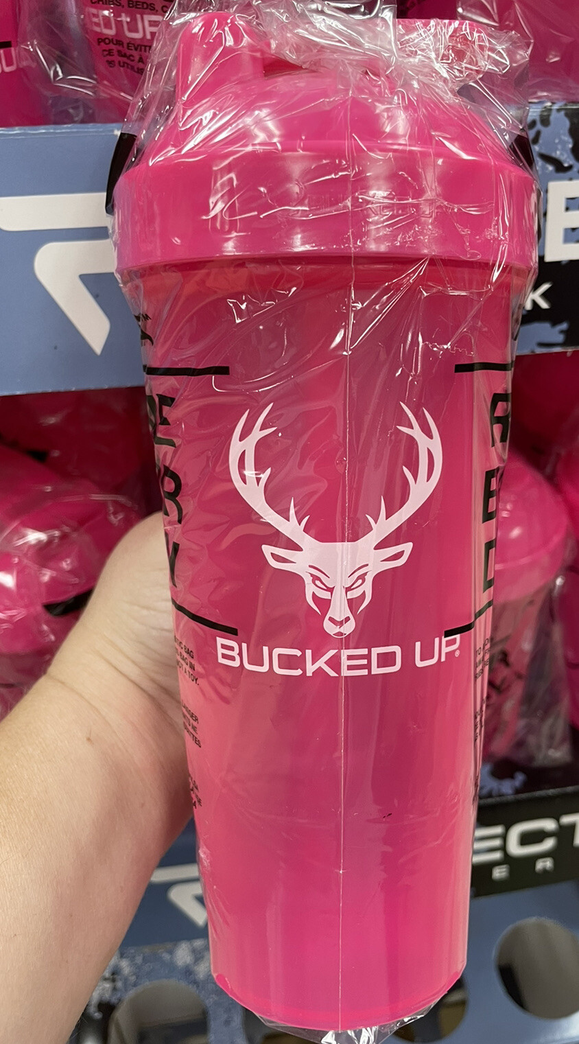 NEW in plastic BUCKED UP Shaker Protein Water Bottle PINK Metal Ball Straw