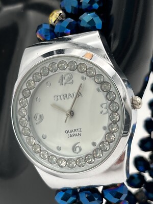Strada Women's Watch Blue Beads Gold Crystals Bracelet Analog Faux  Diamonds
