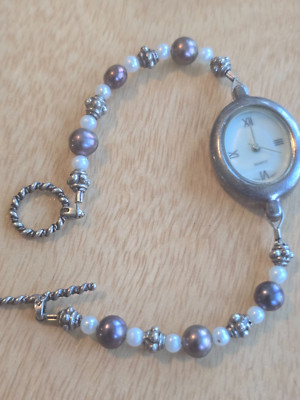 vintage Art to Wear beaded 925 sterling silver Bracelet WATCH