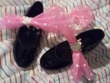 Girls SZ7 DANCEMATES Black Patent Leather TAP SHOES Hair Comb BOW MINNIE Recital