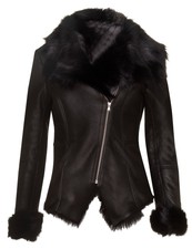 Women's Black Shearling Biker Jacket Sheepskin Aviator Leather Toscana Merino