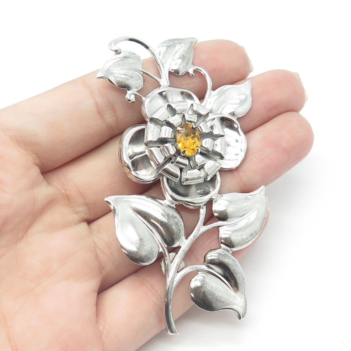 925 Sterling Silver Antique Art Deco Yellow Rhinestone Floral Pin
