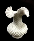 Vintage Fenton Milk Glass Vase Hobnail Ruffled Crimped Edge Unmarked