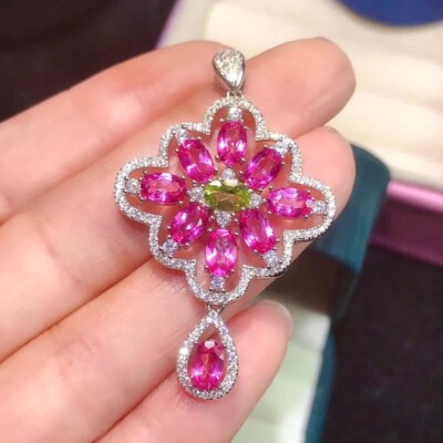 3 Ct Oval Cut Lab Created Pink Ruby Flower Pendant 14K White Gold Plated Silver