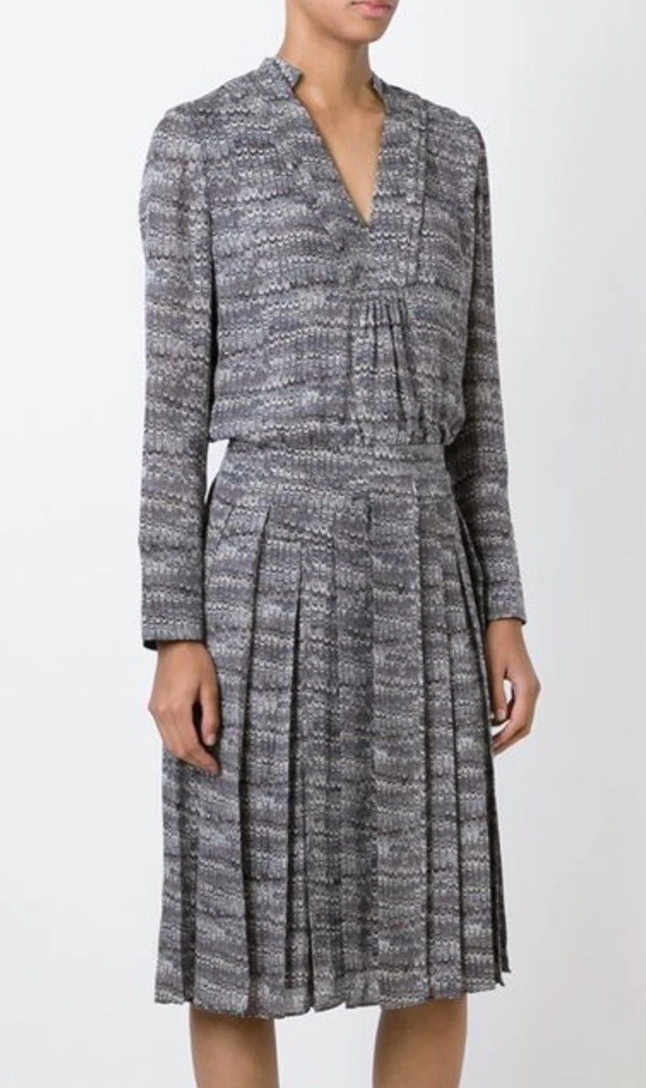 Abito a pieghe Tory Burch da donna grigio stampato in seta nuovo con etichette taglia 2