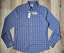 Michael Kors Men's tailored fit blue cotton long sleeve plaid dress shirt.