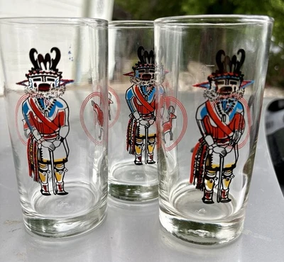 Vtg Lot If 6 Libbey HOPI KACHINA Doll Clear Glass Tumblers Native American 12oz - Image 1 of 4