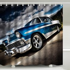 72x72 Fabric Shower Curtain Premium Hooks Waterproof Blue Classic Car