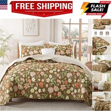 Floral Quilt King Size, Brown King Size Quilt Bedding Set with Chic Vintage G...