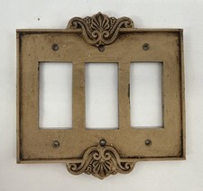 Antique Brass Triple Light Switch Cover Plate – Ornate Art Nouveau with Screws