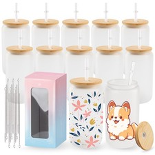 12 Pack Sublimation Blanks Bulk Frosted Glass Cups with Lids and Straws 16oz,...