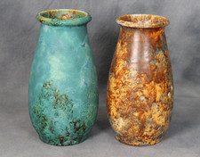 Pair Crown Ducal Ware Arcadian Glaze Art Pottery Mottled Green Brown Drip Vases