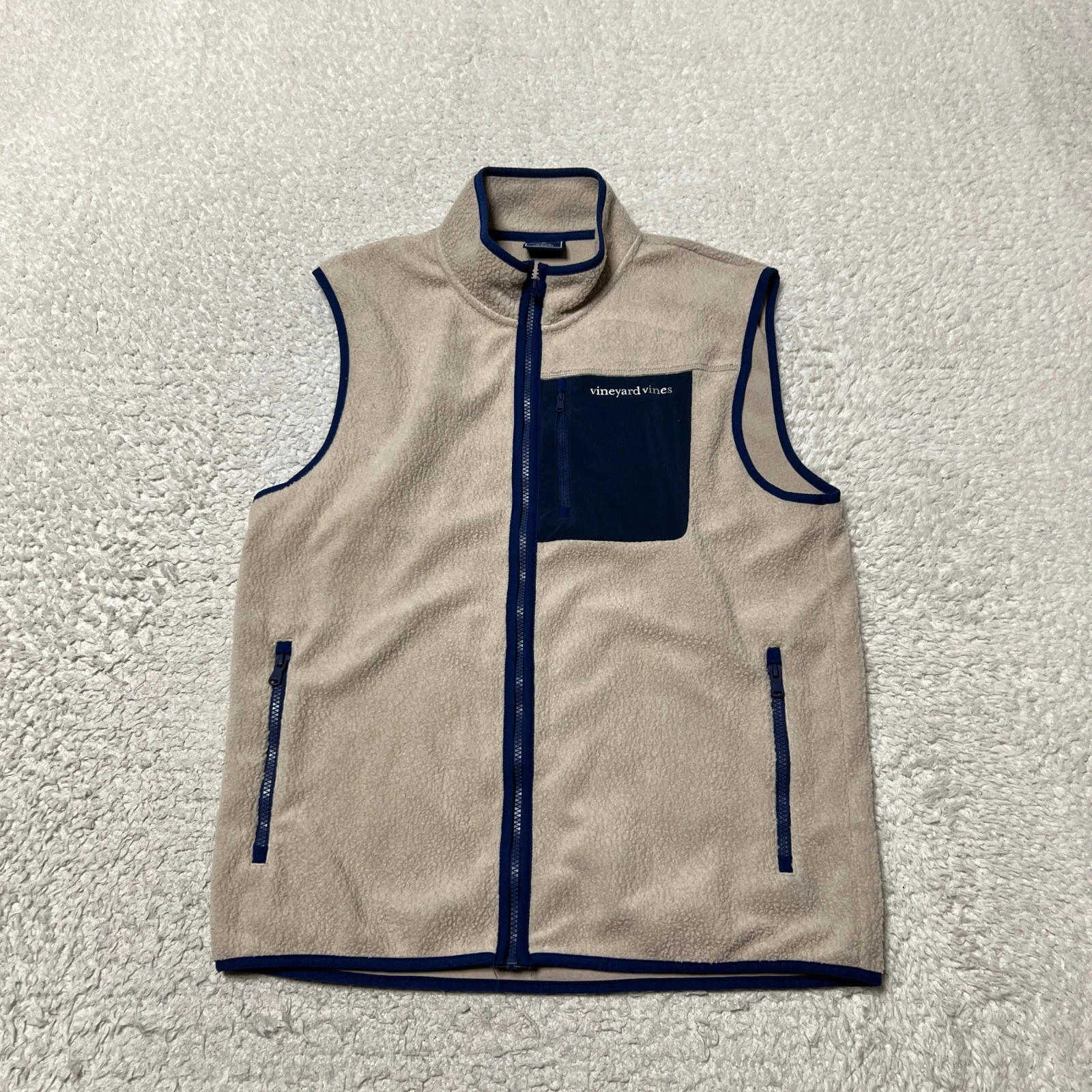Vineyard Vines Vest Men Medium Tan Sherpa Fleece Full Zip Jacket Outdoors Hiking